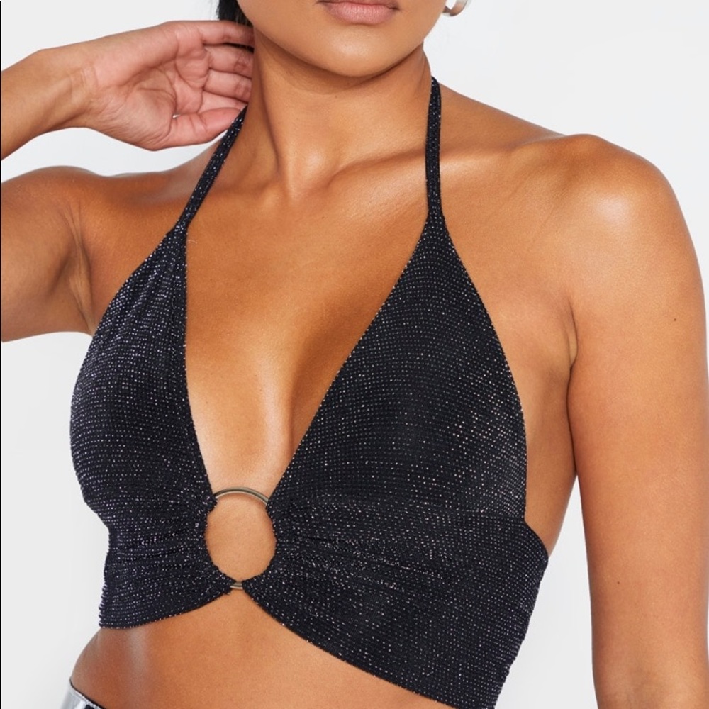 Pretty Little Thing Black Textured Glitter Plunge Ring Detail Bralet Size 2